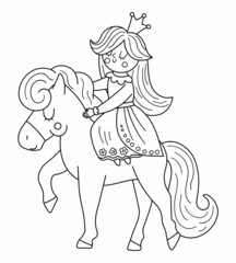 Fairy tale black and white vector princess riding a pink horse. Fantasy line girl in crown coloring page. Medieval fairytale maid. Girlish cartoon magic icon with cute character..