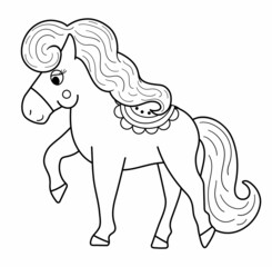 Fairy tale black and white horse with green saddle isolated on white background. Vector line fantasy animal. Medieval fairytale horse character. Cartoon magic icon or coloring page.