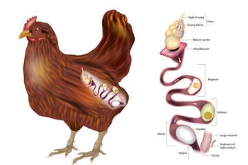 The Hen's reproductive system showing the ovary and the various sections of the oviduct.Chicken Egg Formation. Chicken oviduct segments. Embryology of chicken © sakurra