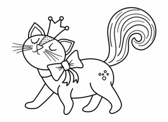 Fairy tale black and white vector cat princess. Fantasy line animal in crown isolated on white background. Fairytale character. Cartoon magic icon or coloring page.