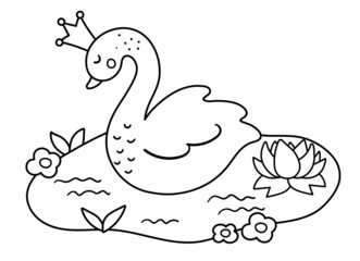 Fairy tale black and white vector swan princess. Fantasy line bird in crown in pond with water lily. Fairytale animal character. Cartoon magic icon or coloring page.