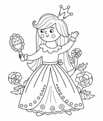 Fairy tale black and white vector princess with mirror and roses. Fantasy line girl in crown. Medieval fairytale maid coloring page. Girlish cartoon magic icon with cute character..