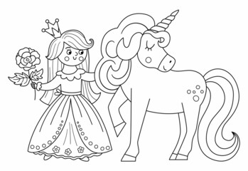 Fairy tale black and white vector princess with unicorn and rose. Fantasy girl in crown coloring page. Medieval line fairytale maid. Girlish cartoon magic icon with cute character.. © Lexi Claus