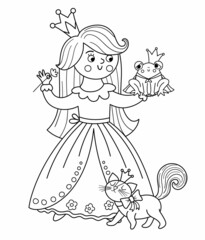 Fairy tale vector black and white princess with frog prince and cat. Fantasy line girl in crown. Medieval fairytale maid coloring page. Girlish cartoon magic icon with cute character..