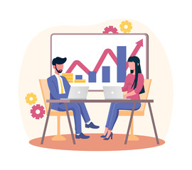 Investors analyze statistics concept. Man and woman sitting at desk and watching profit and income chart. Successful business. Cartoon modern flat vector illustration isolated on white background