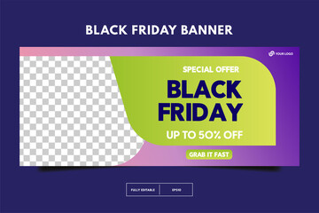 Modern Black friday sale social media post and cover design. Black Friday sale banner design template. Horizontal banner, poster, Black friday sale banner layout design. Facebook cover.Ads sale banner