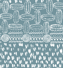 Modern Ethnic Embroidery Hand Drawn with a Brush Vector Seamless Pattern. Blue Design for Fabric, Wrapping Paper, Gift Cards etc.