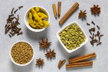 Set of assorted colorful spices in bowls on grey background, flat lay, top view. Cloves, cardamon, coriander, anise, pepper, paprika, cinnamon, bay leaf, turmeric.