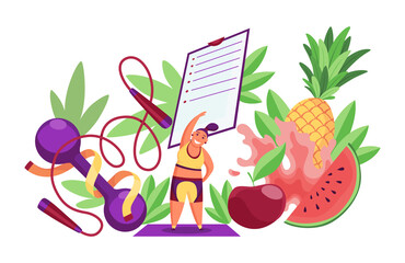 Diet healthy lifestyle banner template. Sports equipment and healthy food with checklist. Concept of proper nutrition and weight management. Diet plan on a notebook