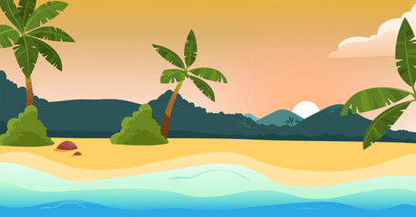 Fototapeta na wymiar Beach and sea concept. Colorful landscape with tropical palm trees, mountains and sun. Holidays in warm countries. Horizontal poster. Cartoon flat vector illustration isolated on white background