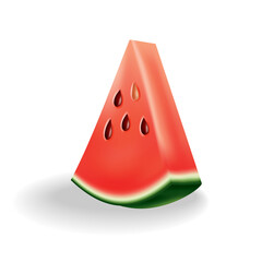 Watermelon natural sweet food. Icon of ripe red fruit cut on slice in 3d realistic cartoon style. Fresh and juicy colorful berry isolated on white background
