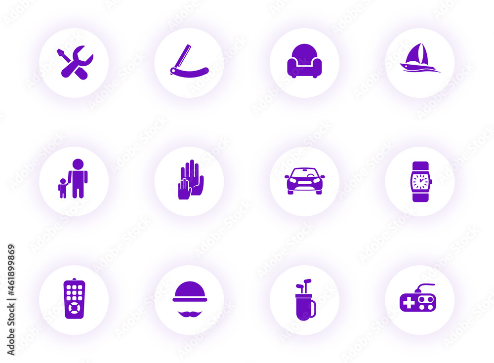 Poster father day purple color vector icons on light round buttons with purple shadow. father day icon set 