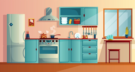 Kitchen interior witn furniture cartoon vector illustration. Home cooking room with wooden dining table, kitchen cabinets, fridge oven, hob and extractor hood. Appliances for home