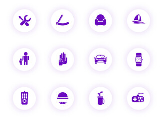 father day purple color vector icons on light round buttons with purple shadow. father day icon set for web, mobile apps, ui design and print