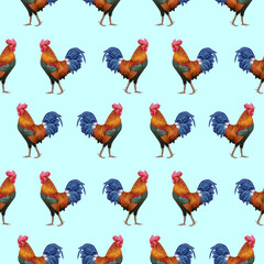 Seamless Pattern with hand-drawn Rooster, digitally colored