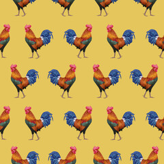 Seamless Pattern with hand-drawn Rooster, digitally colored