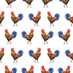 Seamless Pattern with hand-drawn Rooster, digitally colored, vector