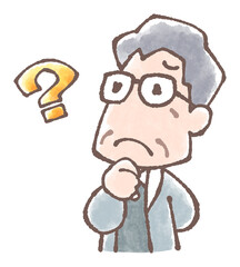 高齢者男性の疑問イラスト手描き水彩風