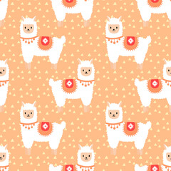 Peach seamless pattern with cute alpacas. Cute and childish design for fabric, textile, wallpaper, bedding, swaddles or gender-neutral apparel.