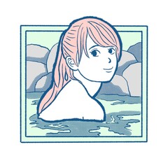 リラックスしながら温泉で入浴している女性のイラスト