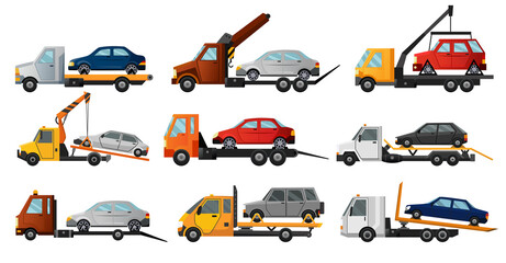 Collection of tow trucks. Flat faulty car loaded on a tow truck. Vehicle repair service which provides assistance damaged or salvaged cars