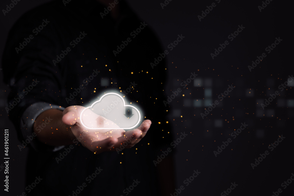 Leinwandbilder hand holds a virtual cloud symbol. the cloud technology system is a computer sharing management syst