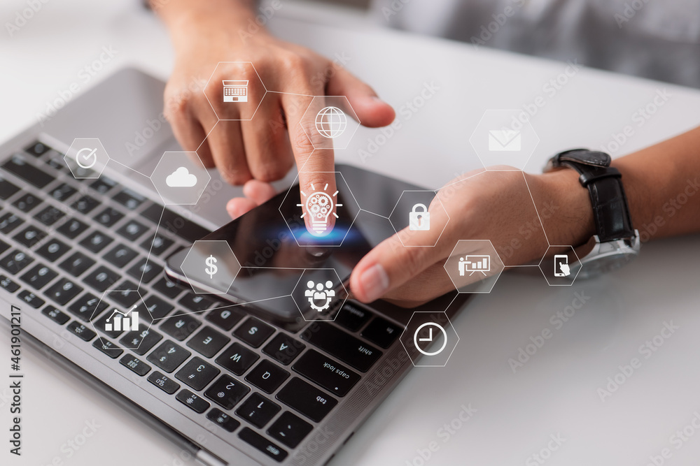 Aufkleber Working with augmented reality dashboard computer icons and responsive cybersecurity is what a coding software developer works.