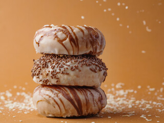 Three sweet donuts covered with white sugar icing and chocolate. Splashes of icing sugar on a beige...