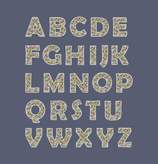 Cute children's vector color alphabet with a pattern of colorful cartoon mushrooms with a white outline