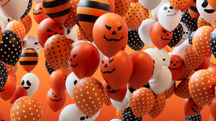 Balloons with Halloween themed designs, in Orange, Black and White.