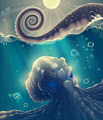 Under water sea devil or octopus monster in blue water with waves, splashes, ocean deep dark space with bubbles over dark sky with moon, night landscape illustration in vector.
