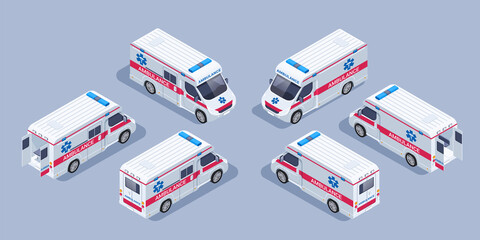 isometric vector illustration on gray background, ambulance car front and back view