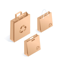 isometric vector illustration isolated on white background, set of paper shopping bags with recycling icon, ecological packaging