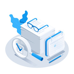 isometric vector illustration on a white background, a stack of papers with glasses and a magnifying glass and next to a calendar and a pencil, working with papers