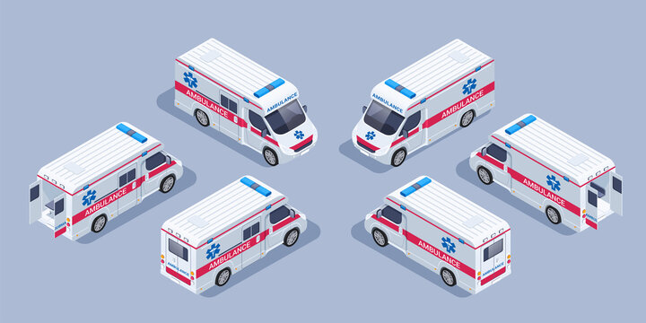 Isometric Vector Illustration On Gray Background, Ambulance Car Front And Back View