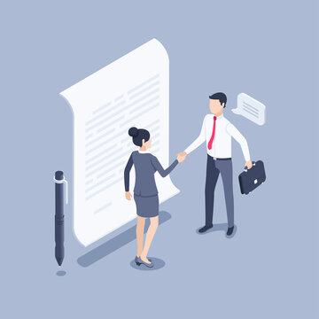 Isometric Vector Illustration On Gray Background, Man And Woman In Business Clothes Shake Hands Next To Paper Document, Signing A Document Or Concluding A Contract