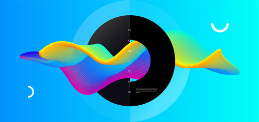 Abstract background with colorful emitted particle line wave. Conceptual element design template. Modern vector illustration.