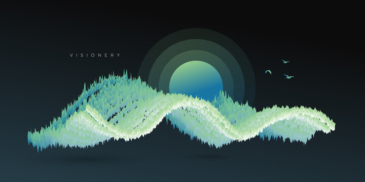 Conceptual forest Scenery with dynamic wave. Abstract forest art wallpaper.