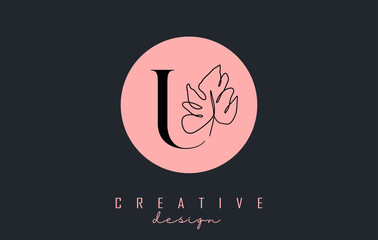 U letter logo design with Monstera leaf one line drawing on a pink circle background vector illustration.