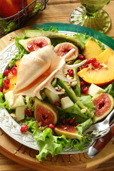 Seafood salad on wooden table