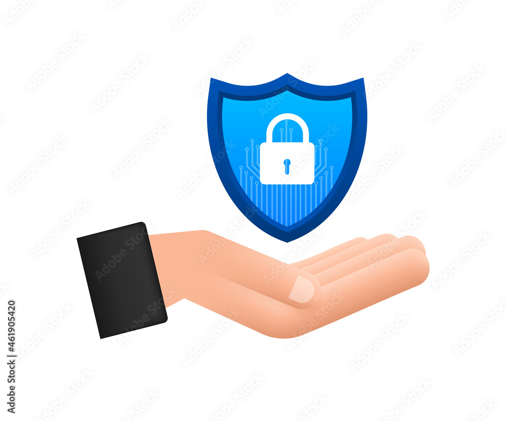 Poster cyber security vector logo with shield and check mark. hands holding cyber secure sign. internet sec