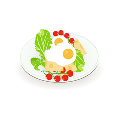 Fried egg pieces of cheese lettuce on a white plate breakfast flat design cuisine illustration