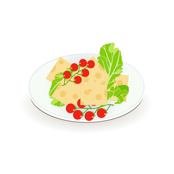 Fried egg pieces of cheese lettuce red tomato on a white plate breakfast flat design cuisine illustration