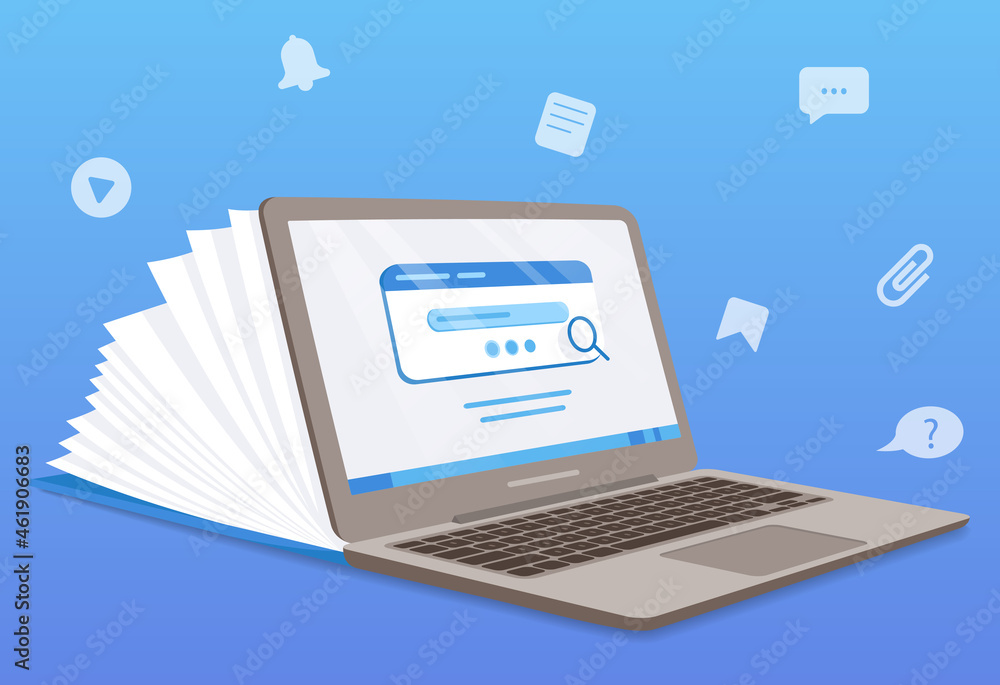 Poster online education concept. large laptop with empty white pages and window for logging into personal a