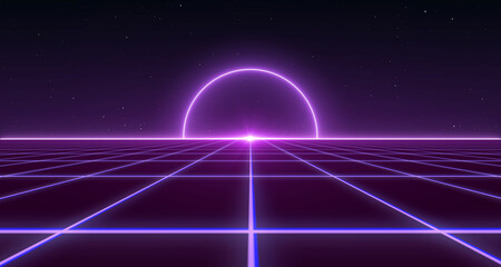 80s Retro Sci-Fi Background Futuristic Grid landscape. Digital cyber surface style of the 1980`s. 3D illustration