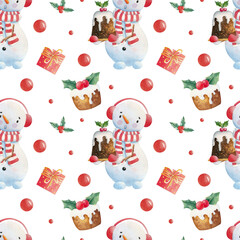 Watercolor hand painted seamless pattern with Christmas illustrations with snowman, gifts, pudding and holly leaves with berries. Christmas seamless pattern for cards, wrapping paper, invitations.