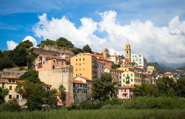 Fototapeta na wymiar Ventimiglia village in Italy, Liguria Region, with a blue sky