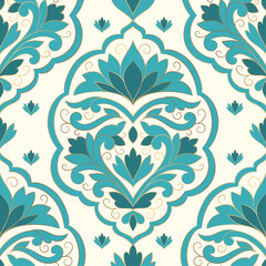 Fototapeta na wymiar Turquoise and white damask vector seamless pattern. Vintage, paisley elements. Traditional, Turkish motifs. Great for fabric and textile, wallpaper, packaging or any desired idea.