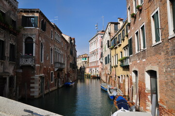 Canal in Venice and catara near
houses. View of the facades of houses. October 12, 2014. Venice, Italy.
