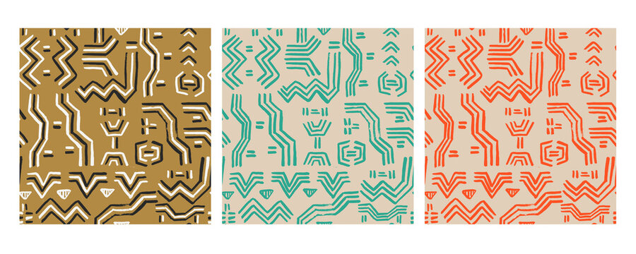 Set of Modern Ethnic Mexican or American Indian Hand Drawn Vector Seamless Pattern. Poncho or Fabric Drawn with a Brush. Grunge Geometric Design for Wrapping Paper, Gift Cards etc
